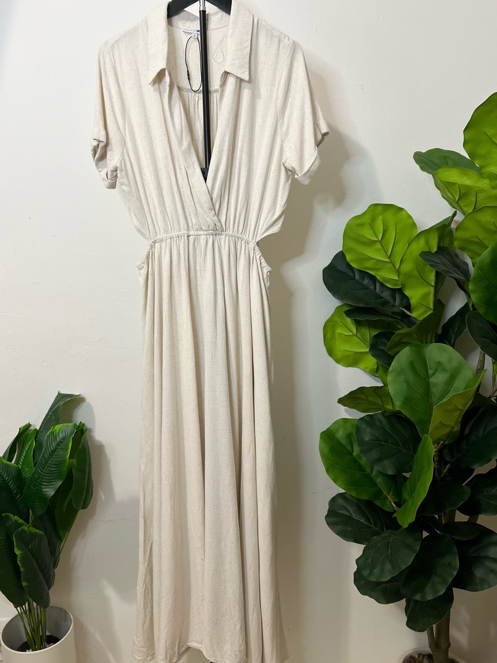 Fashion Nova Cream Linen Look Collared Wrap Maxi Dress Short Sleeve Size 1X